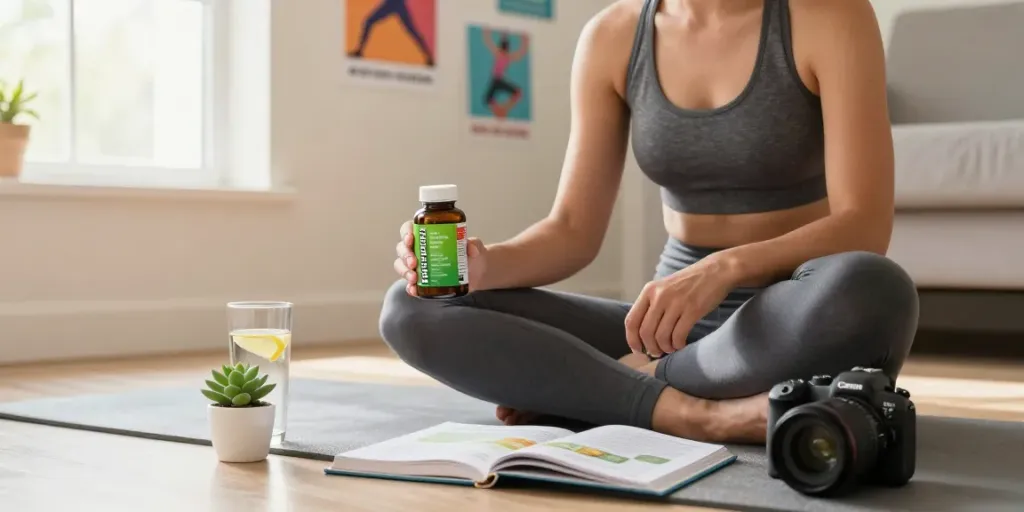Neuroprime brain supplement review scene with wellness-focused person studying cognitive health, cozy home background.