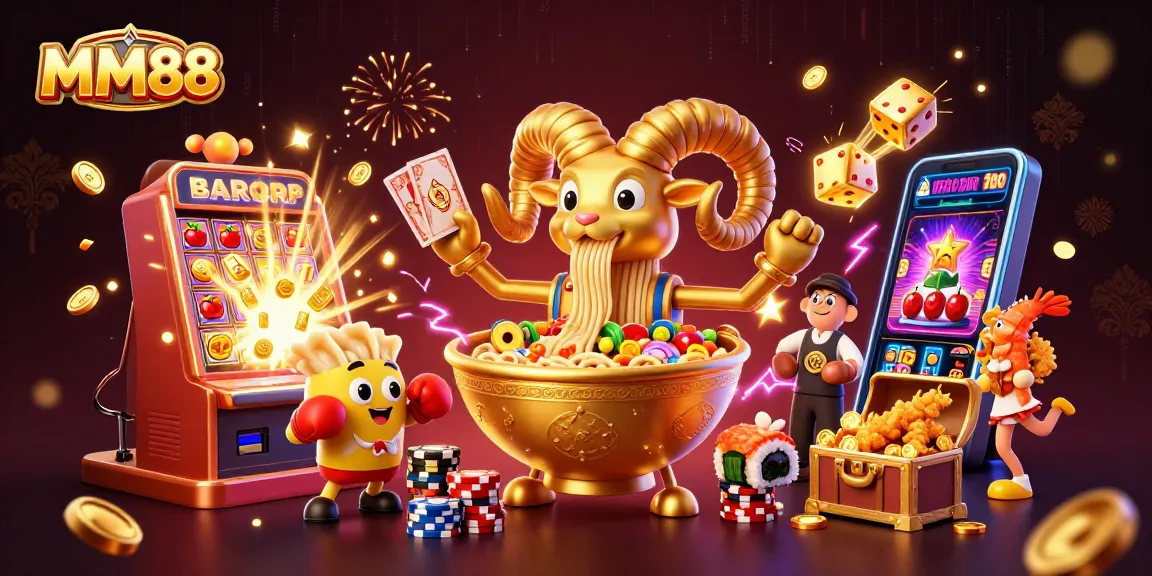 Experience the thrill of MM88 casino with a vibrant 3D illustration of a giant ramen bowl character and dynamic game elements.