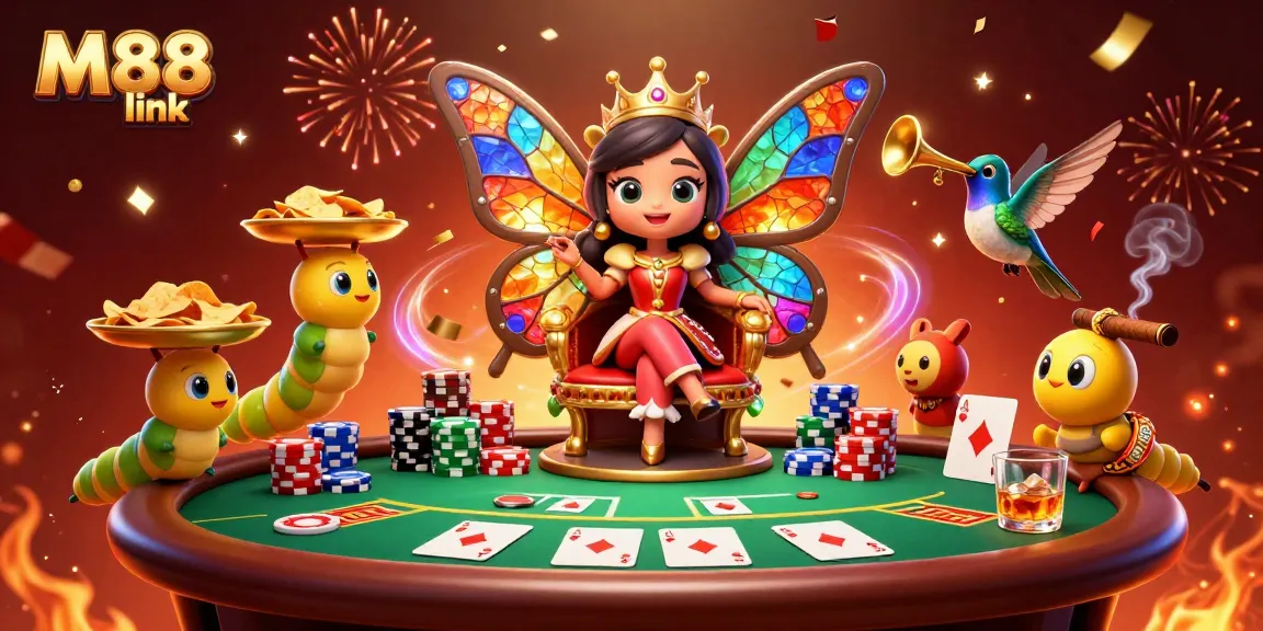Engage with M88 link through exciting poker action and colorful characters in a vibrant casino scene.