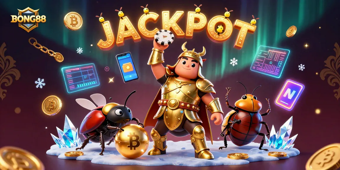 BONG88 showcases a victorious hercules beetle with poker chip, illustrating online gaming excitement.
