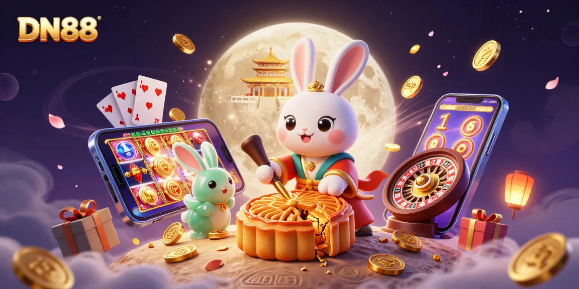 Experience the thrill of DN88 as the moon rabbit reveals hidden poker chips amidst vibrant casino elements.