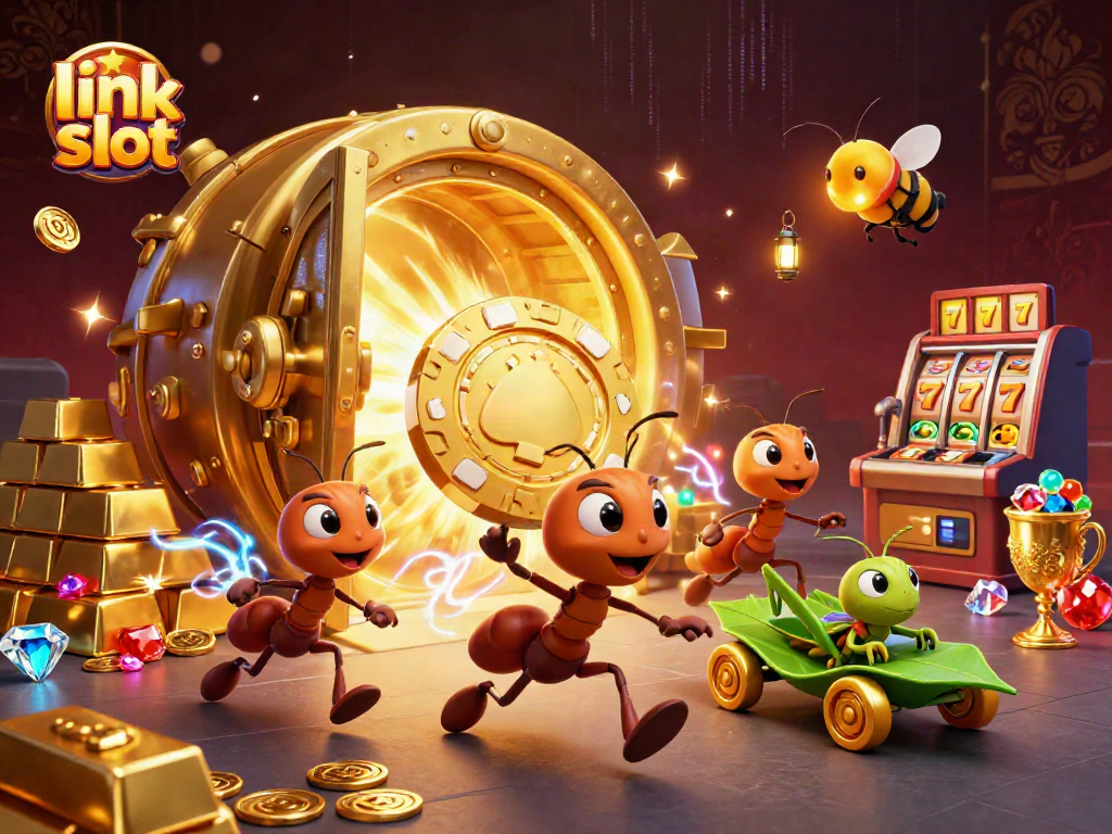 Experience the thrilling link slot adventure with cartoon ants heisting golden chips in this vibrant casino illustration