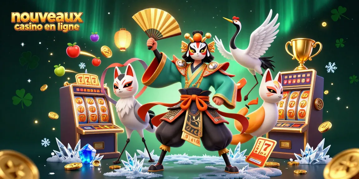 Découvrez les nouveaux casinos en ligne avec un kabuki et un kitsune illuminés, entourés de jackpots et de jetons d'or.