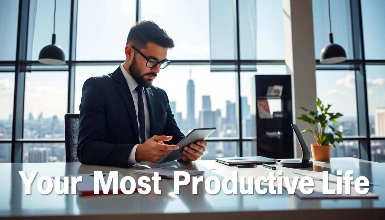 Achieve Your Most Productive Life in a bright, organized workspace with modern tools and inspiring views.