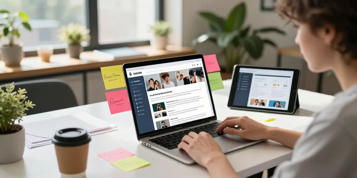 Engaging social media strategist crafting AI generated social media bios in a bright co-working space.