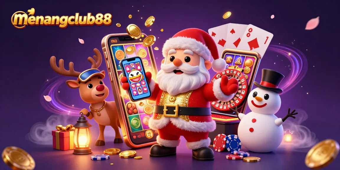 Join the fun at menangclub88 with Santa, poker chips, and jackpot slots in this vibrant casino scene.