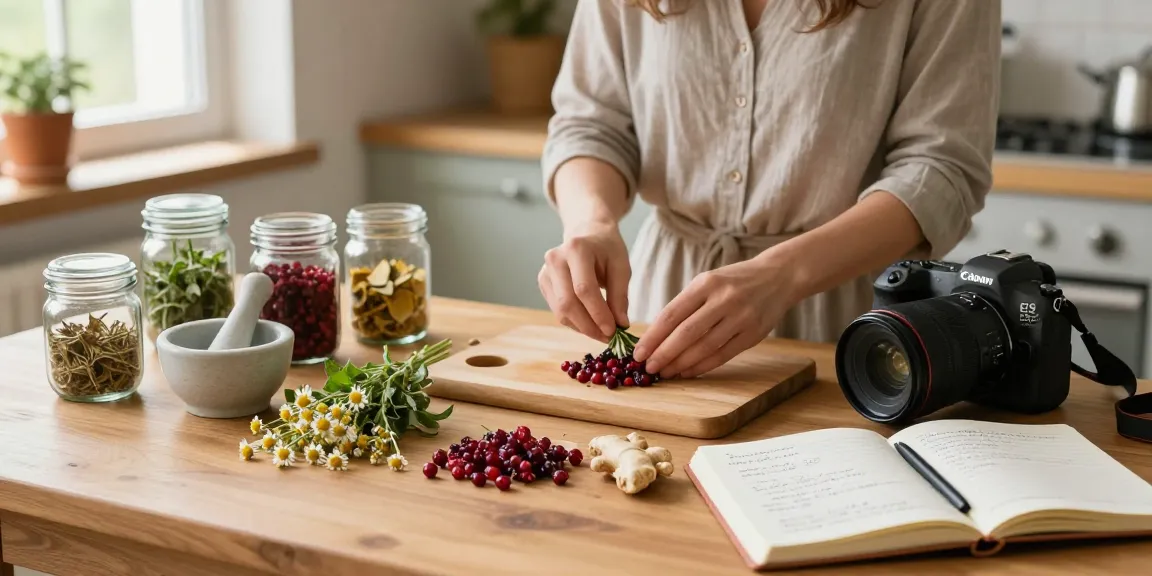 Préparation de remèdes naturels contre la cystite avec des herbes fraîches dans une cuisine lumineuse.