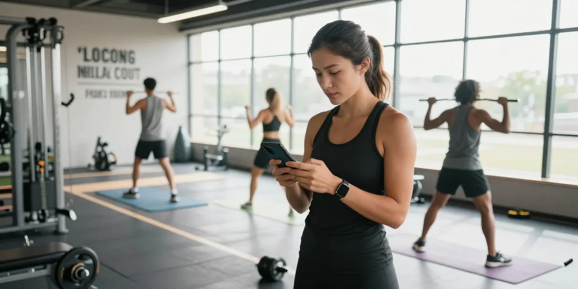 Tracking meals with the best calorie tracking apps while working out in a modern gym setting.