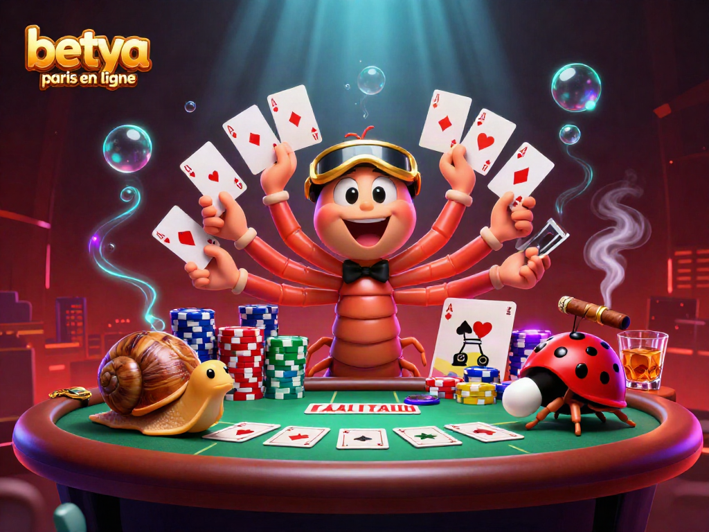 Experience the thrill of betting at betya paris en ligne with lively cartoon characters sharing a poker table setup.
