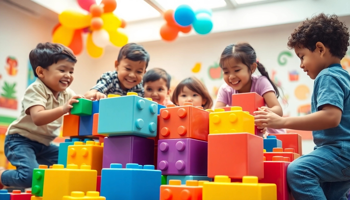 Discover more about children building with colorful giant blocks in an engaging indoor play area.