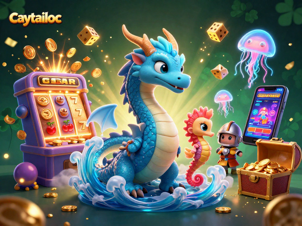Experience the excitement of caytailoc with dragons and jackpots in this vibrant casino illustration.
