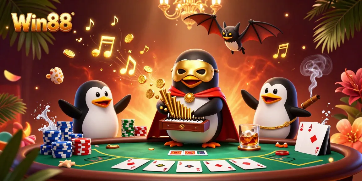 Win88 penguin organist shoots golden coins in a dynamic casino scene