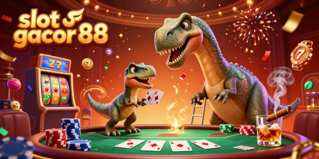 Watch the massive brontosaurus in a casino scene, showcasing slot gacor 88 with vibrant game elements.