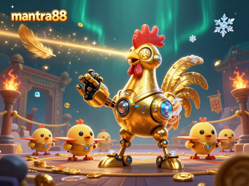 Bet on incredible experiences with mantra88 as golden rooster robot and baby chicks create a dynamic gaming arena.