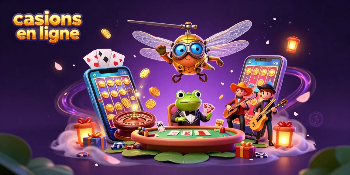 Jeu de casino en ligne avec un pilote de libellule et un croupier grenouille distribuant des cartes.