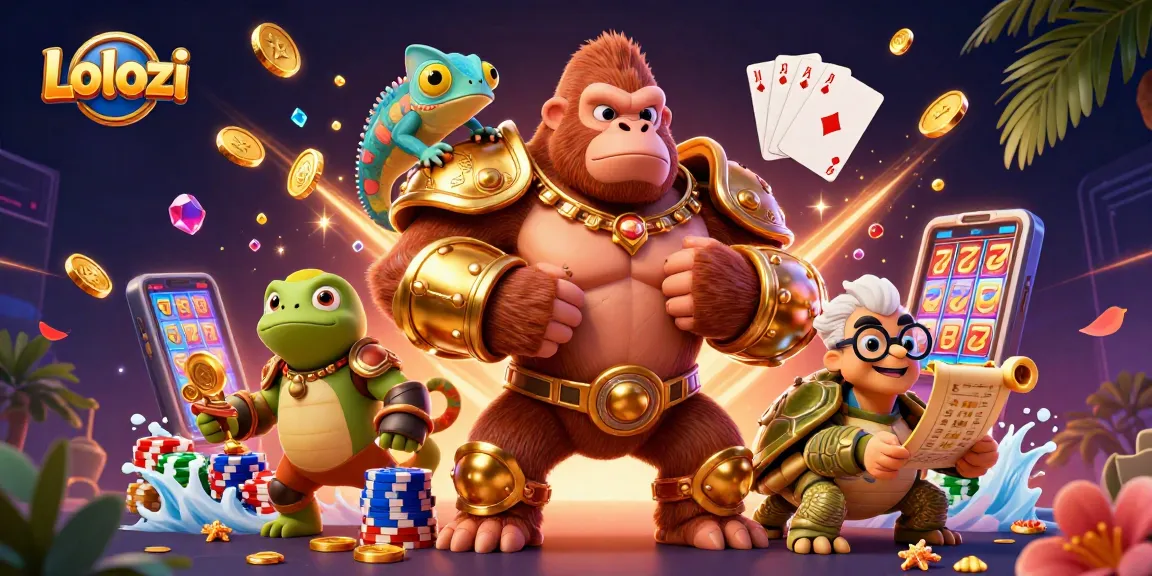 Lolozi captures a dynamic casino scene with a gorilla king, chameleon spy, and tortoise elder amidst vibrant gambling elements.
