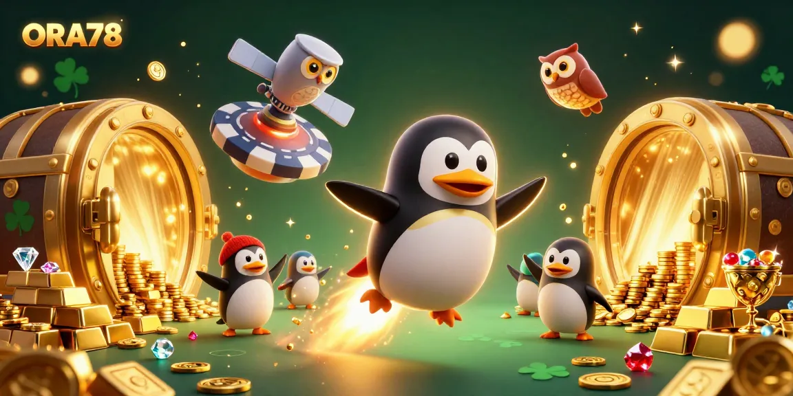 ORA78 merayakan kemenangan dengan penguin emas dan chip poker raksasa di ruang angkasa.