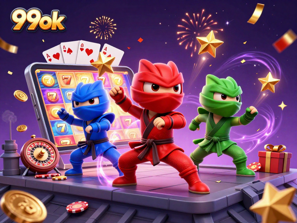 Experience thrilling adventures with 99ok's ninja chameleons and exciting slot games in this vibrant 3D scene.