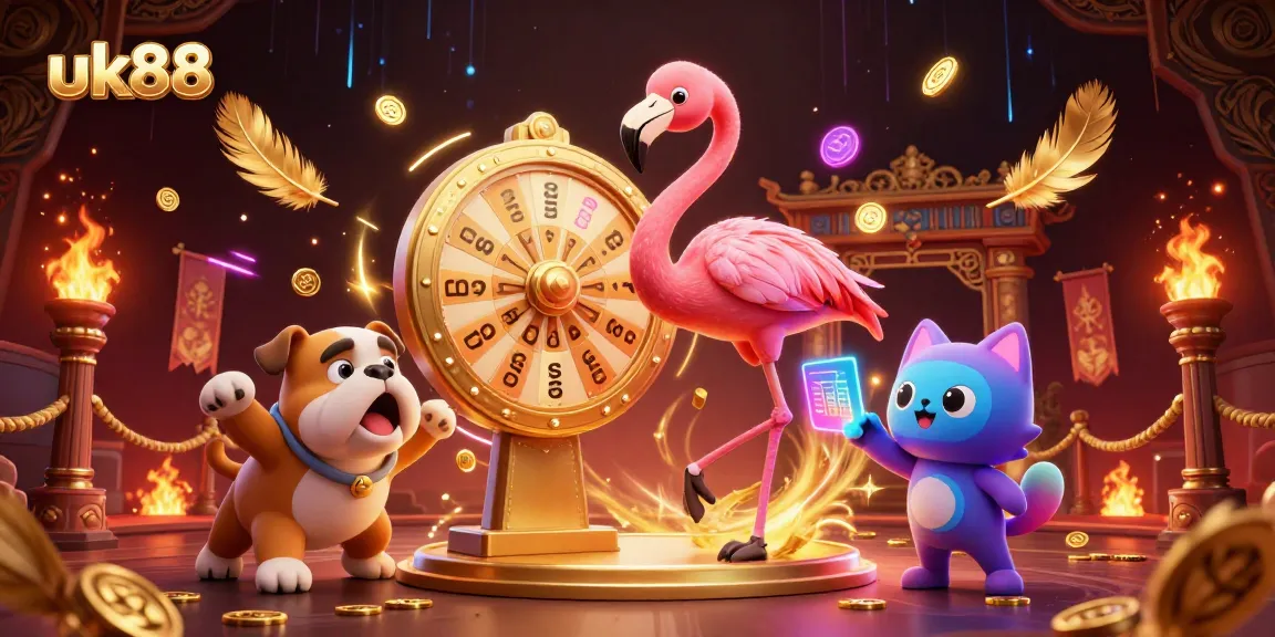 Engaging scene showcasing uk88 with an animated game show host and excited bulldog, surrounded by casino excitement.