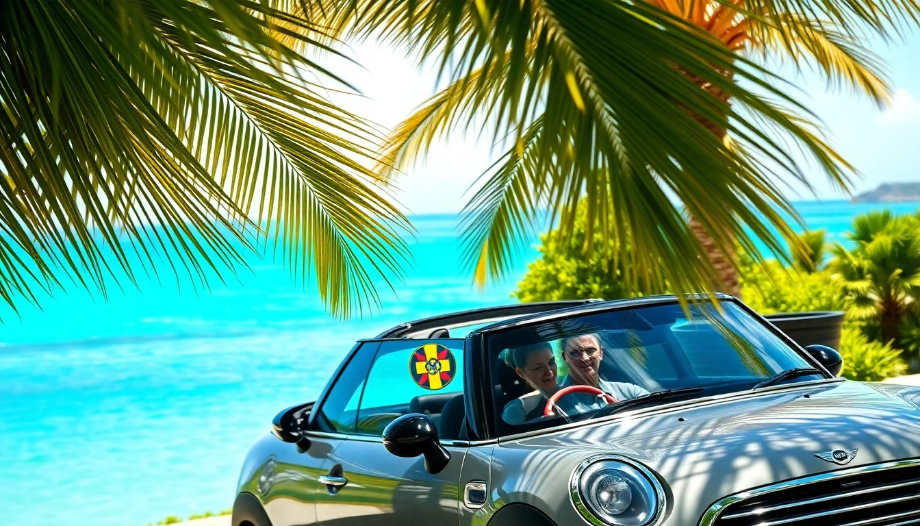 Experience the mini cooper convertible st barts parked amidst tropical beauty and vibrant colors.