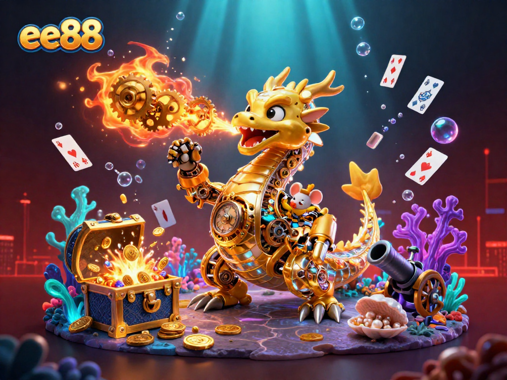 Engage with ee88's vibrant 3D casino world, featuring a golden dragon and treasure elements.