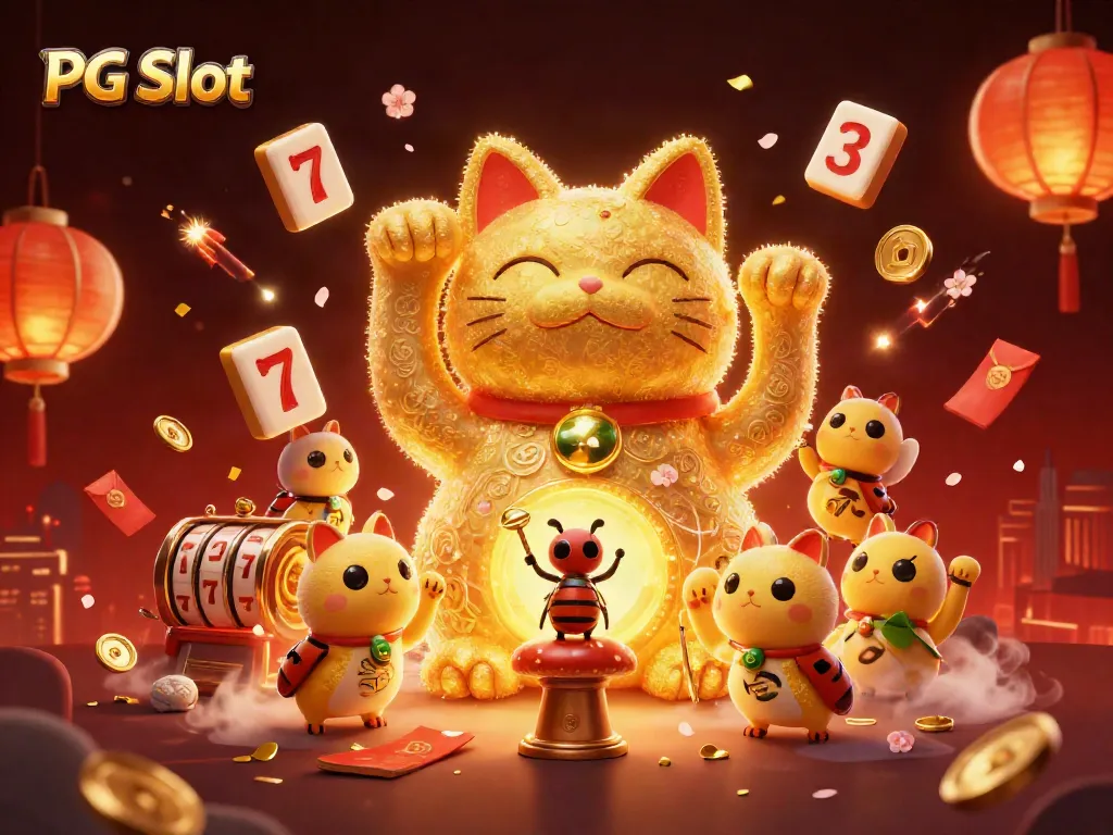 Experience PG Slot gaming excitement with a dynamic illustration of a giant lucky cat and vibrant casino elements.
