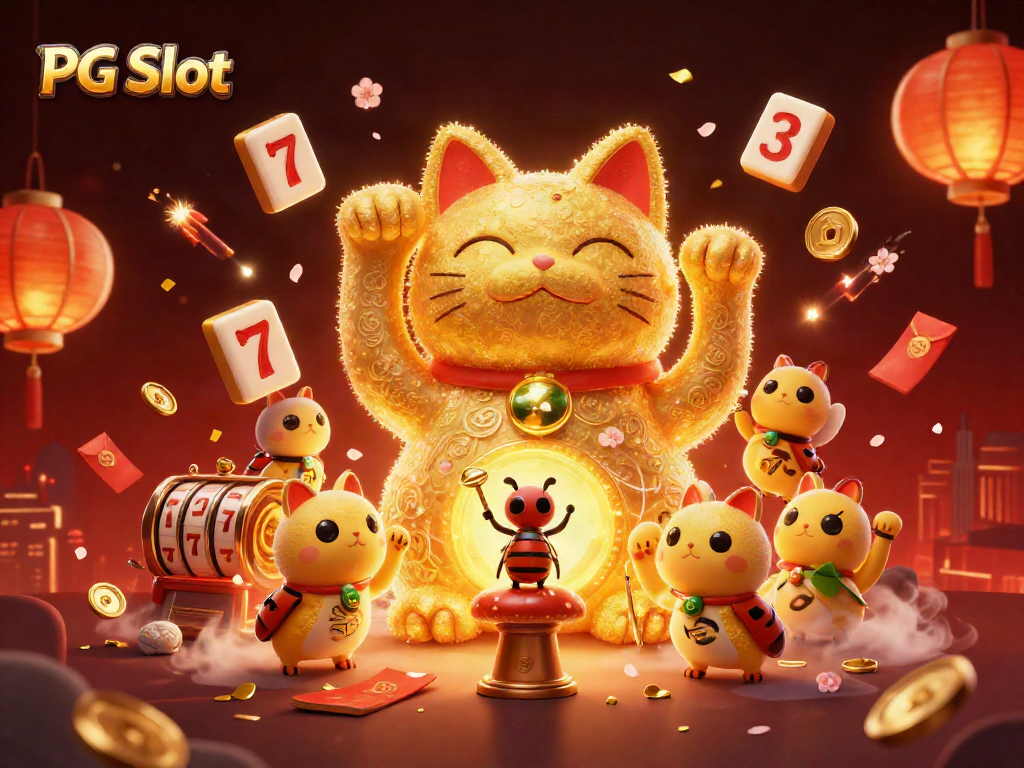 Experience PG Slot gaming excitement with a dynamic illustration of a giant lucky cat and vibrant casino elements.