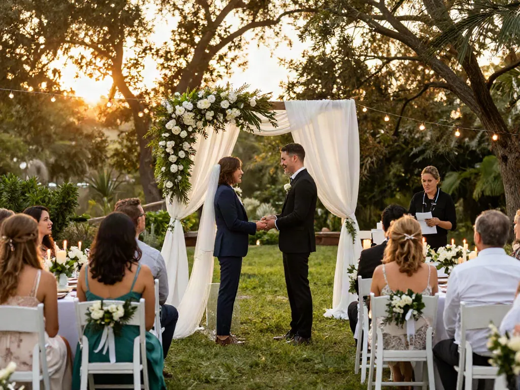Event rentals for a stunning outdoor wedding setup with floral decorations and elegant seating.