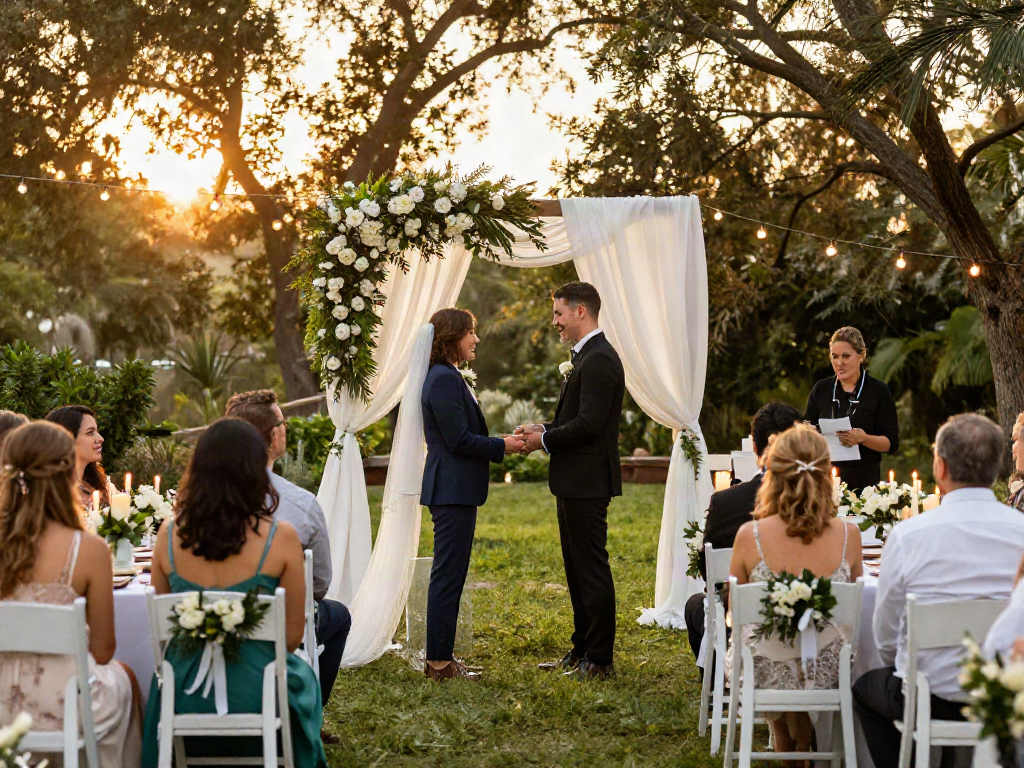 Event rentals for a stunning outdoor wedding setup with floral decorations and elegant seating.