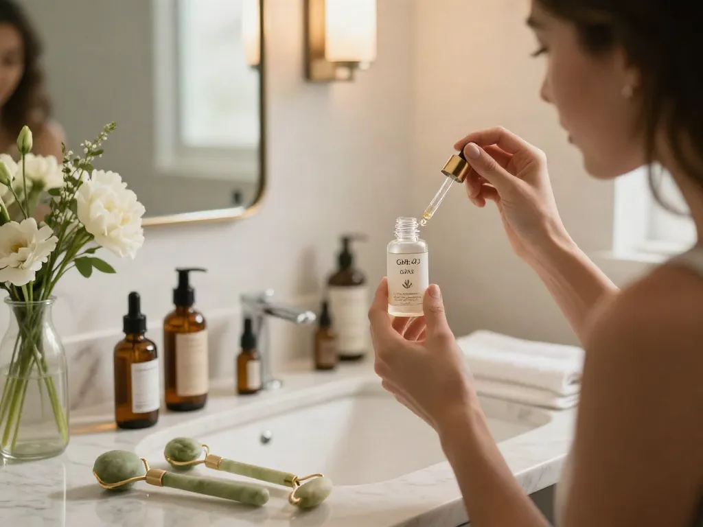 Applying GHK-Cu peptide serum in a serene skincare routine.