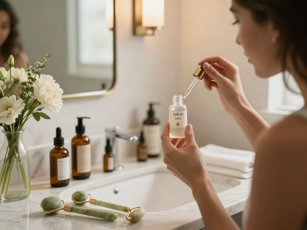 Applying GHK-Cu peptide serum in a serene skincare routine.