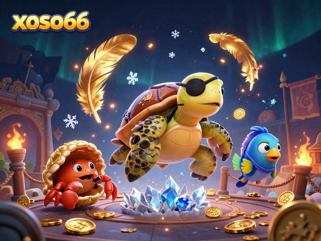 Engage in thrilling games with xoso66 as a pirate turtle and friends float above hidden treasures.