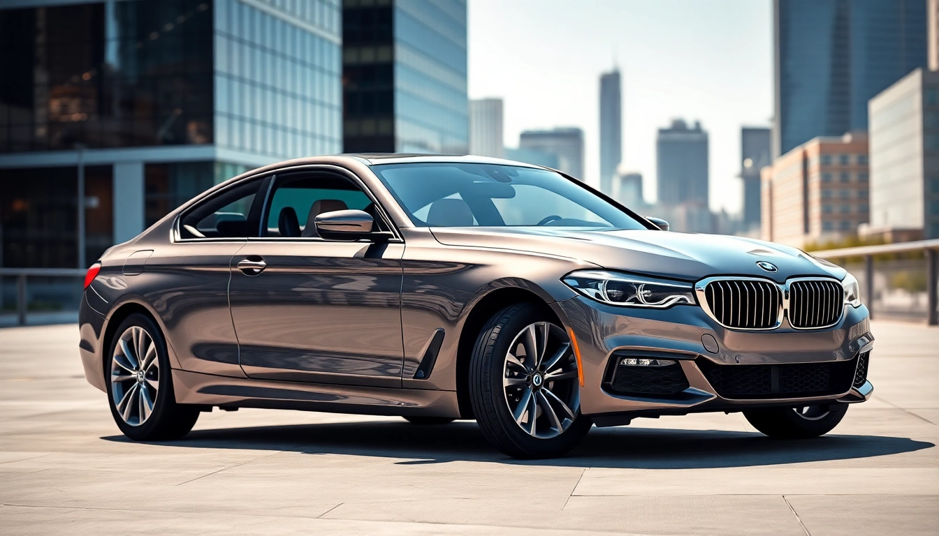 Luxury BMW car displayed elegantly against a sophisticated city backdrop.