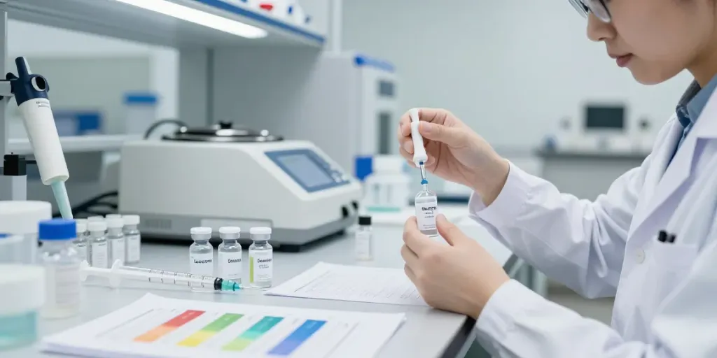Peptide calculator demonstration in a healthcare lab, scientist reconstituting peptides accurately.