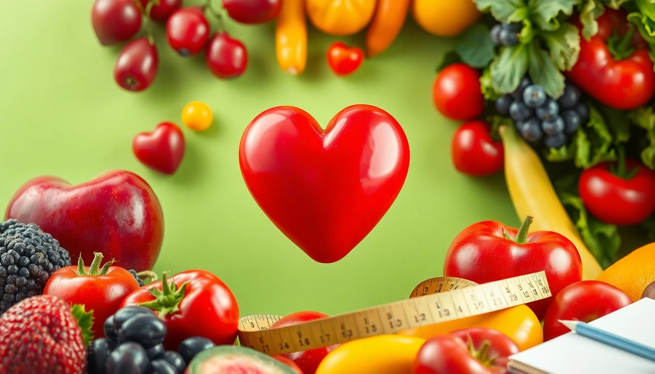 Promote heart health tips with fresh fruits and vegetables surrounding a heart symbol.