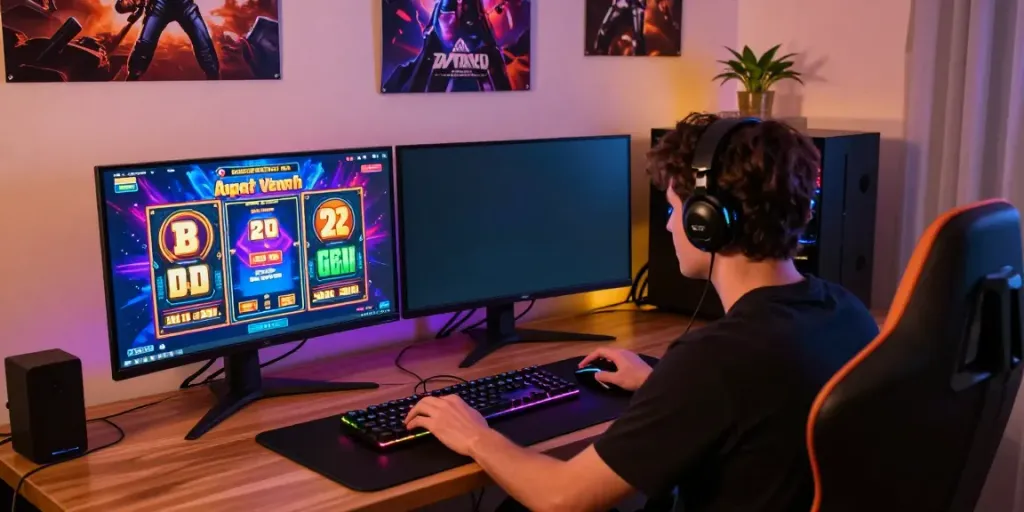 Player enjoying slot games on a dual-monitor setup, showcasing features of slot server Thailand.