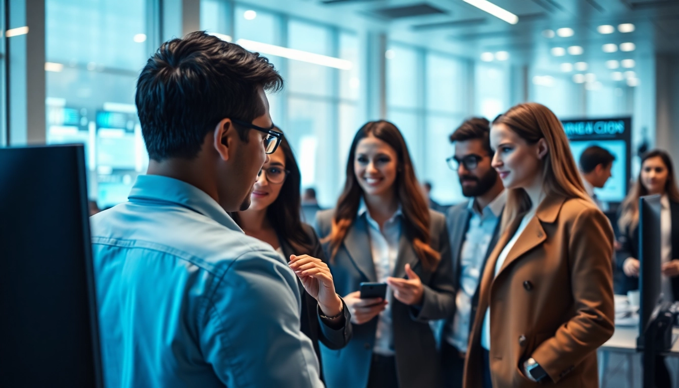 Engaged professionals interacting with Ai agents in a modern office environment, showcasing teamwork.