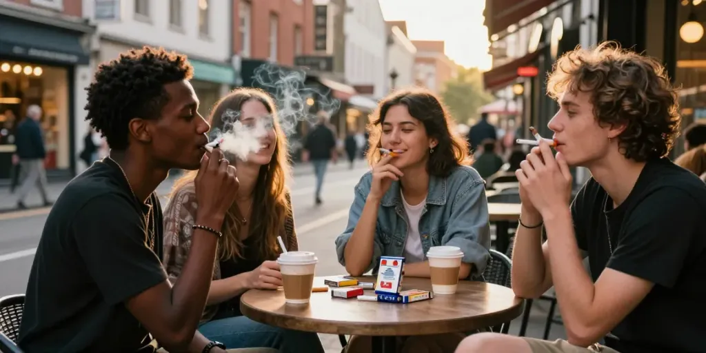 Enjoying cheap tobacco and cigarettes online with friends in an urban café.