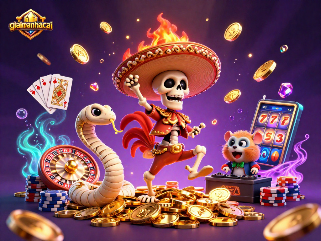 Win big with giaimanhacai in this lively, illustrated casino scene featuring vibrant characters.