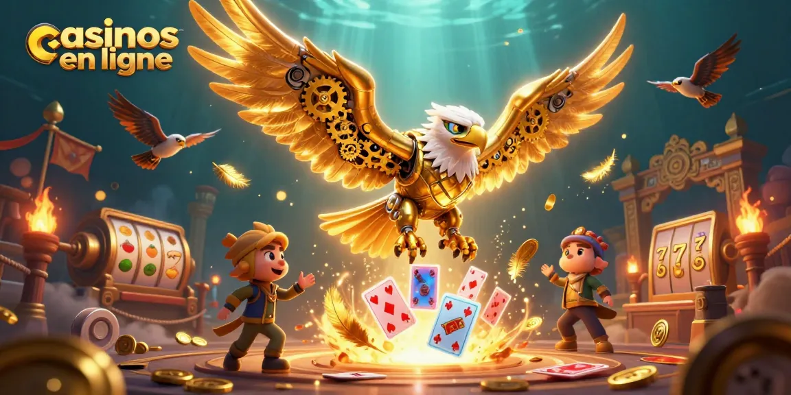 Plongez dans les casinos en ligne avec un aigle cybernétique, des cartes et des jetons d'or.