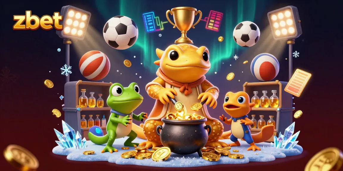 ZBET casino experience with dynamic 3D characters depicting an alchemist, frog, and newts amidst vibrant sports elements.