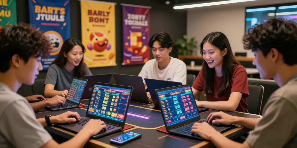 A lively togel online gaming scene with players strategizing and interactive screens showcasing vibrant betting options.