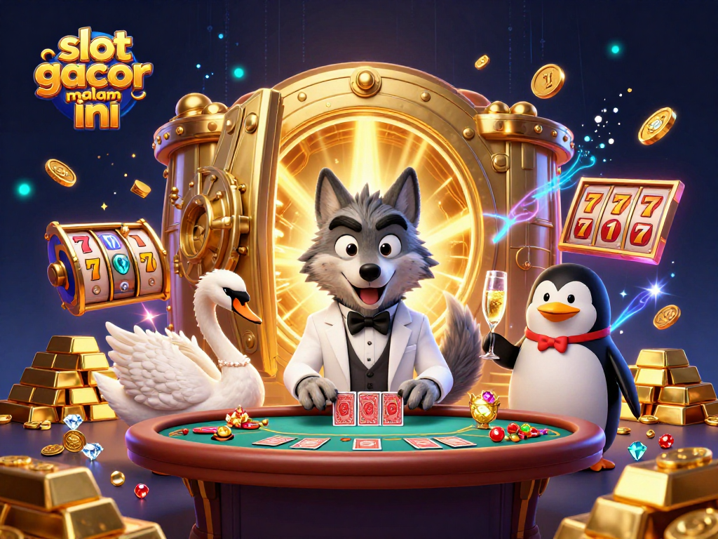 Engage with slot gacor malam ini as a debonair wolf plays baccarat at a glamorous casino table.