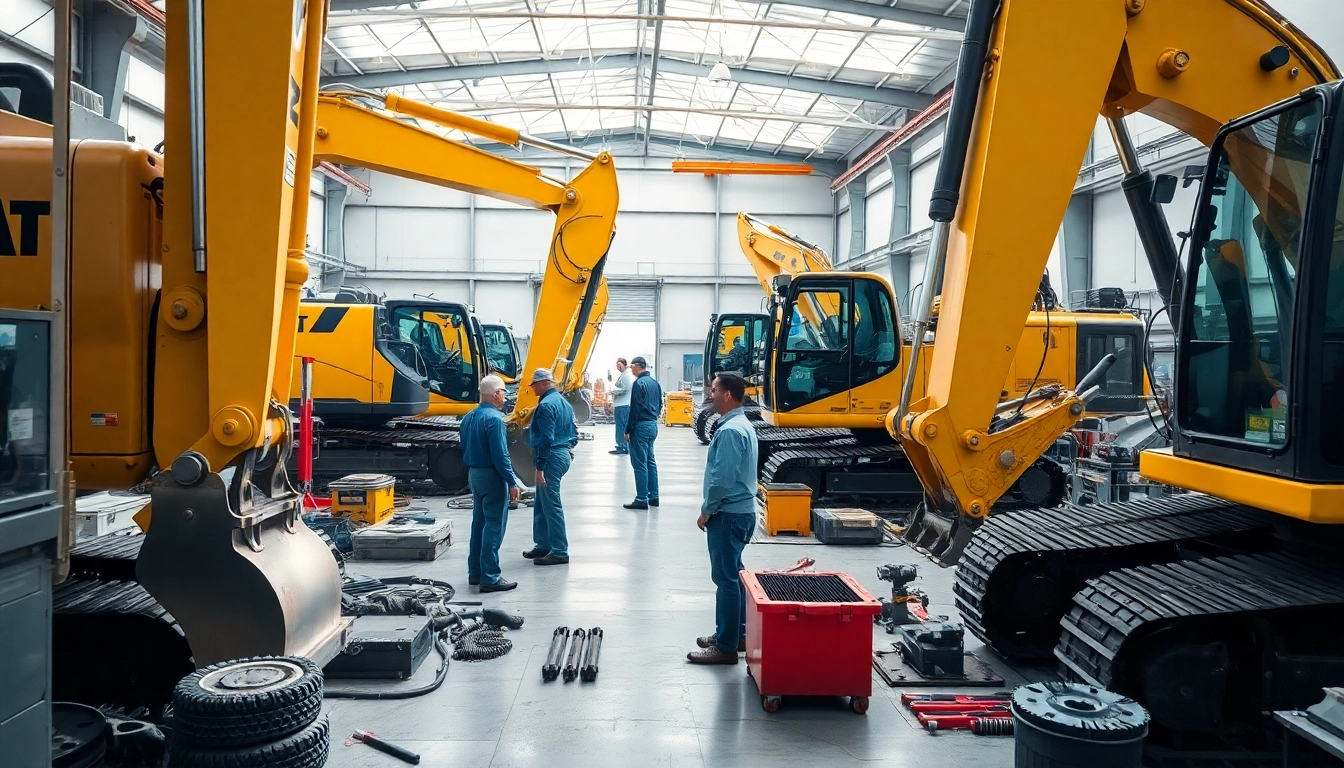 Engaging equipment service team performing maintenance on heavy machinery in a workshop.