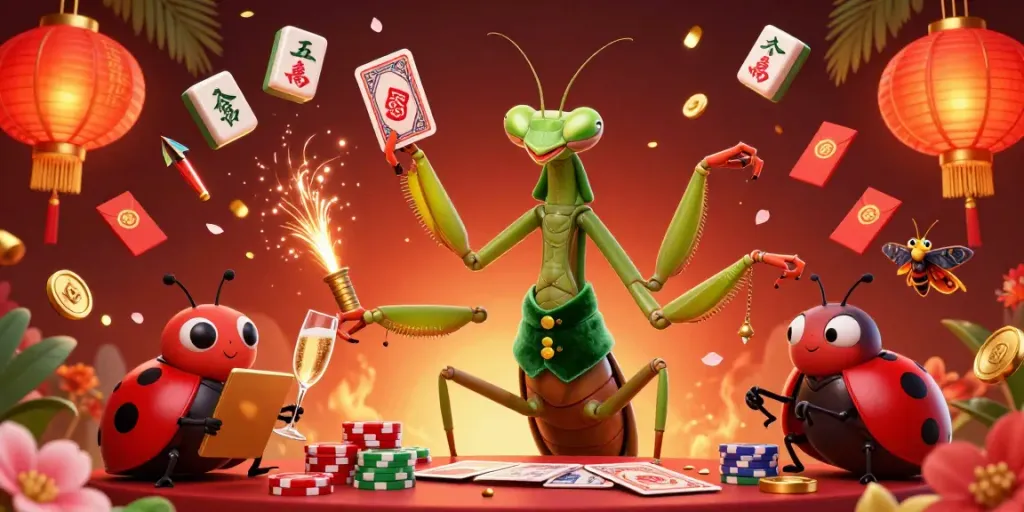 Dewalive Login scene with a giant card sharp mantis and ladybug pit boss, vibrant gameplay atmosphere.