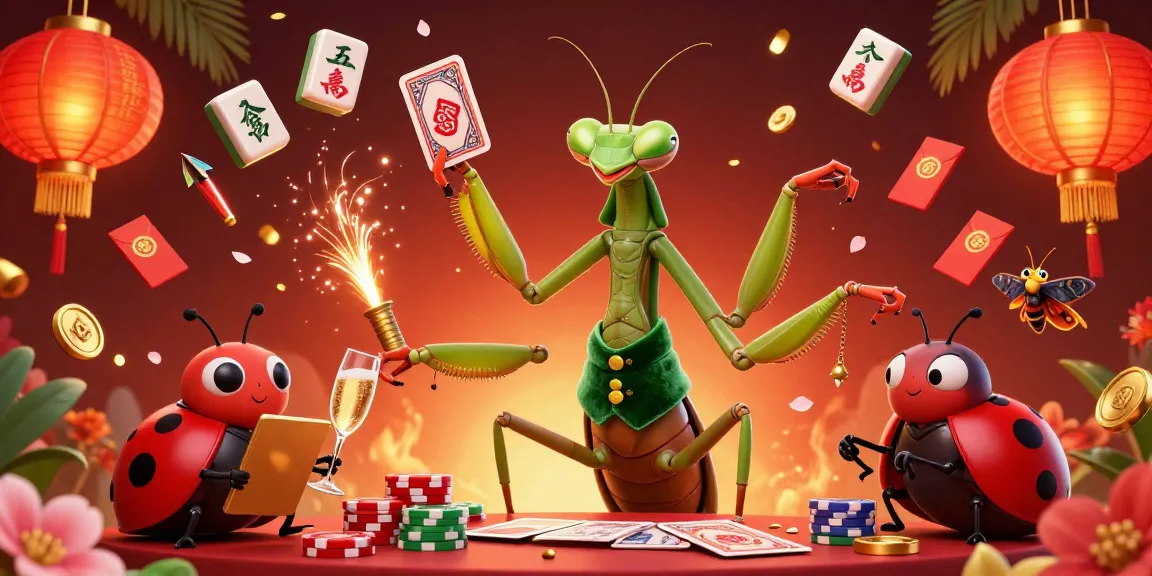 Dewalive Login scene with a giant card sharp mantis and ladybug pit boss, vibrant gameplay atmosphere.