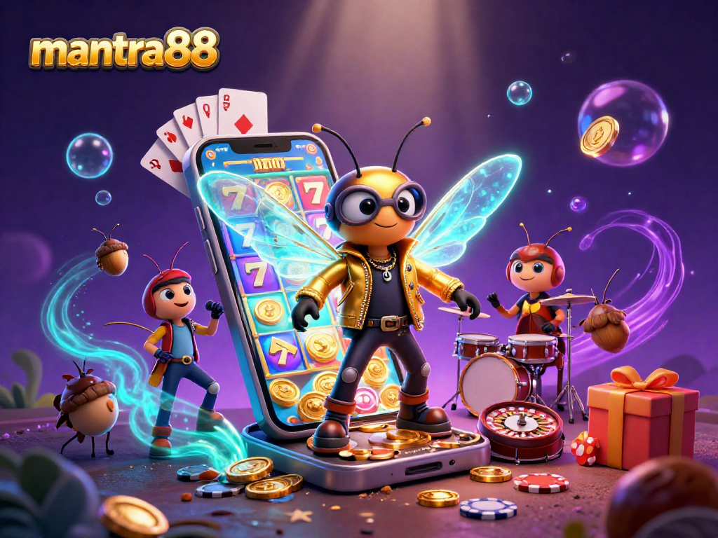 Engage with mantra88 through vibrant 3D illustration depicting a cartoon cicada rock star in an electrifying casino scene.