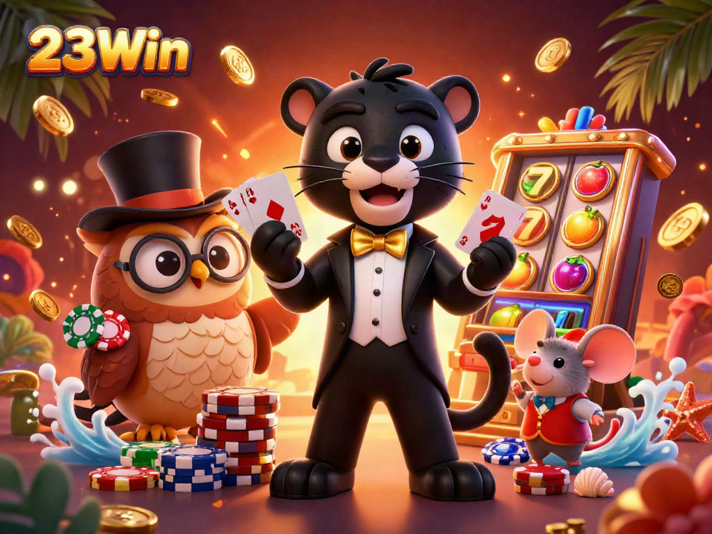 Engage with 23Win's vibrant casino scene showcasing a tuxedoed panther, owl, and lucky mouse among slot reels.