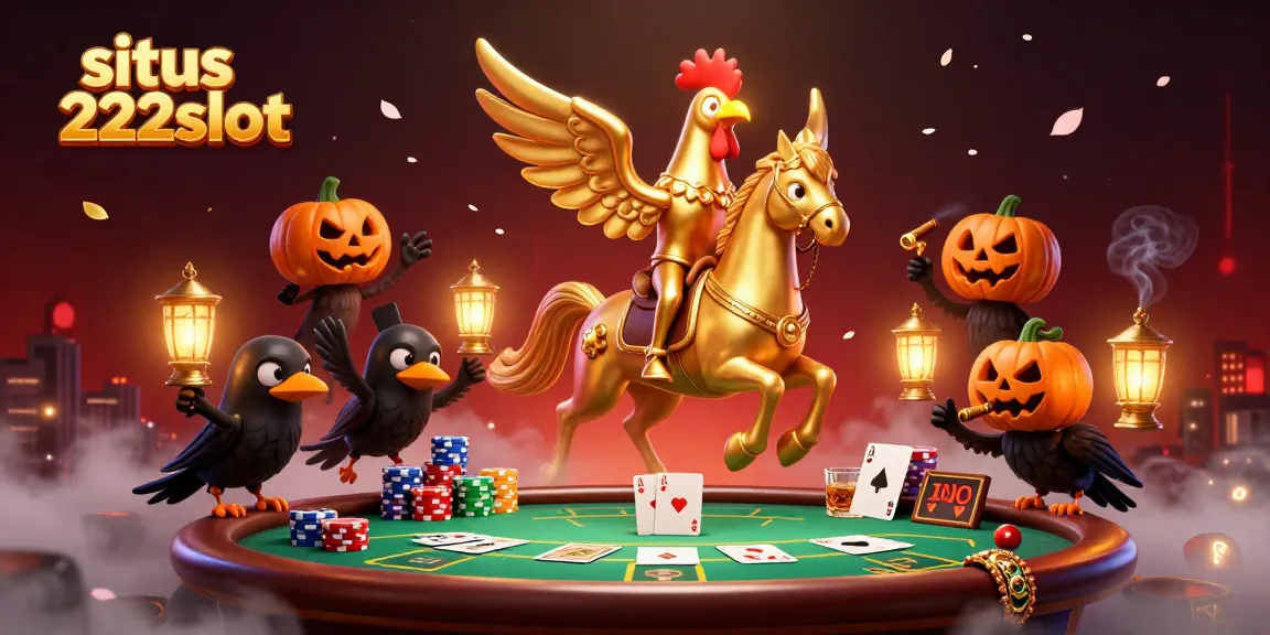 Gambarkan suasana kasino malam dengan situs 222slot menampilkan karakter unik dan elemen permainan.