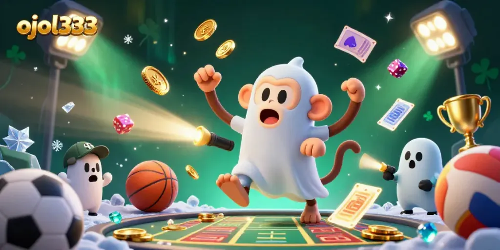 Experience ojol333's vibrant casino scene with a poltergeist monkey and a ghost-hunter puppy amidst flying sports elements.